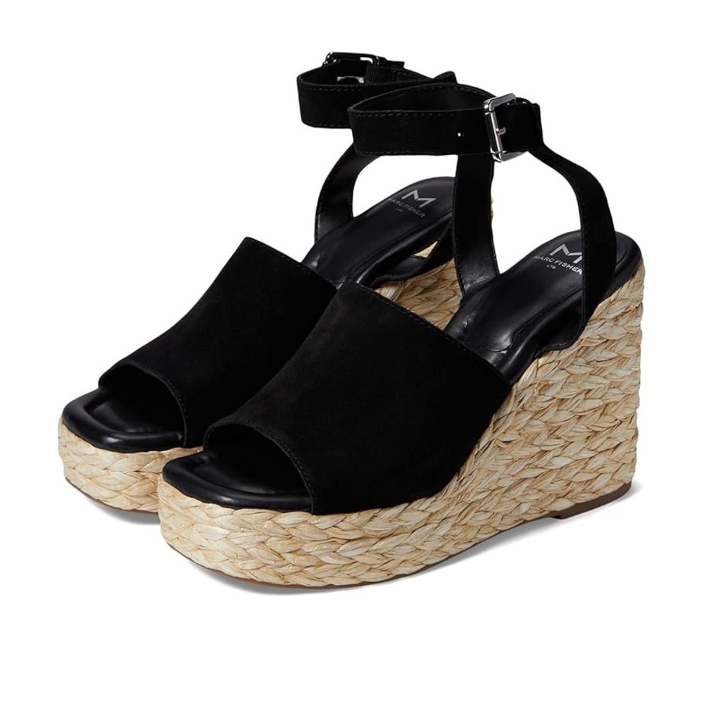 Marc Fisher Black Suede LTD Women's Nelly Espadrille Wedge Ankle Strap Sandal